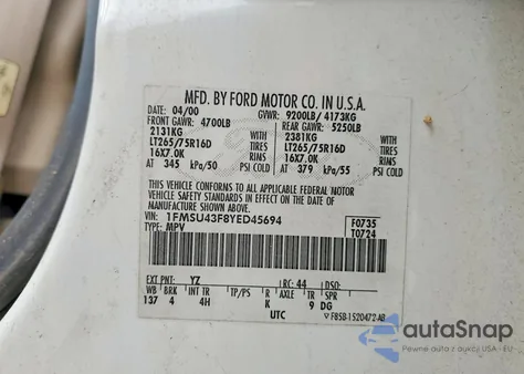 2000 Ford Excursion Limited z USA, uszkodzony, nr VIN 1FMSU43F8YED45694